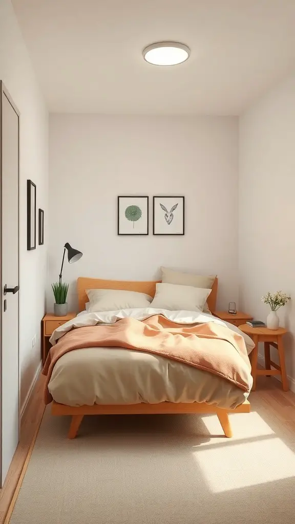 35+ Stunning Small Bedroom Interior Ideas for Cozy Spaces 15 A small bedroom with a bed, bedside tables, and wall art, showcasing an optimized layout.