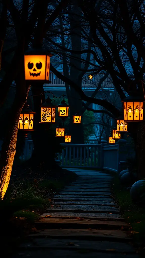 A spooky pathway illuminated by Halloween-themed lanterns with skulls and creepy designs.