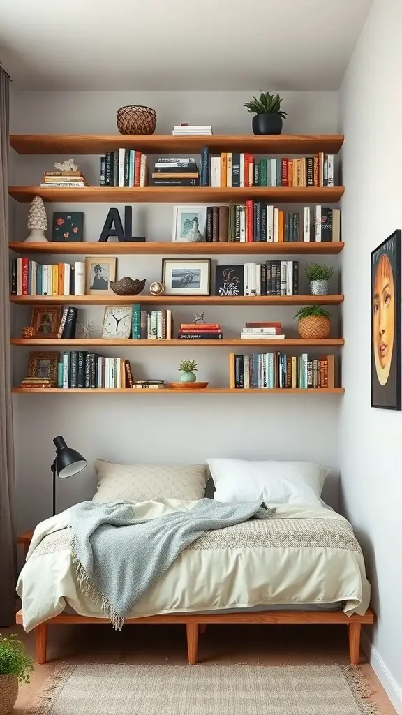 29+ Extra Small Bedroom Ideas to Maximize Space and Style 2 A small bedroom featuring a bed and wooden shelves filled with books and decorative items.