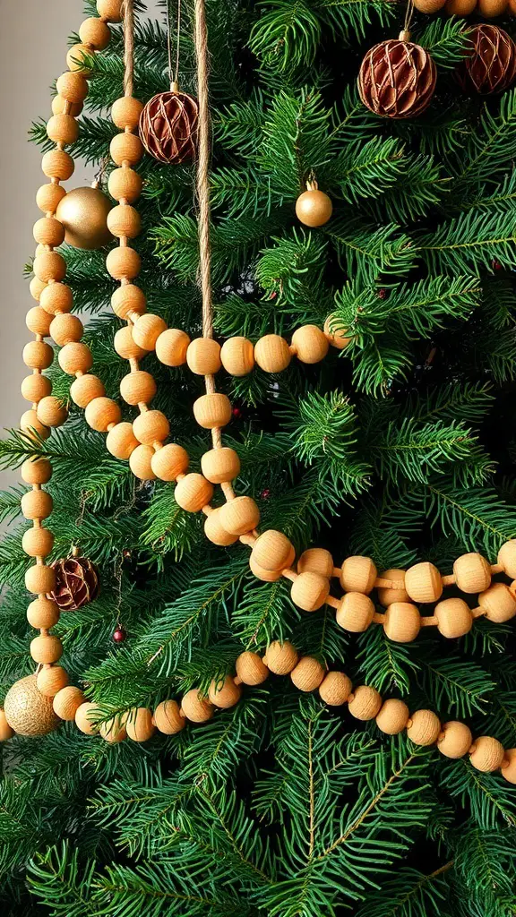 Wooden garlands hanging on a Christmas tree