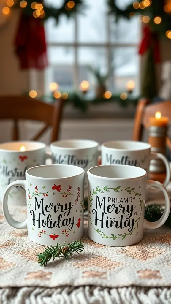 23 Affordable DIY Christmas Gifts for Everyone on Your List 12 A collection of personalized mugs with festive designs and messages, set in a cozy holiday atmosphere.
