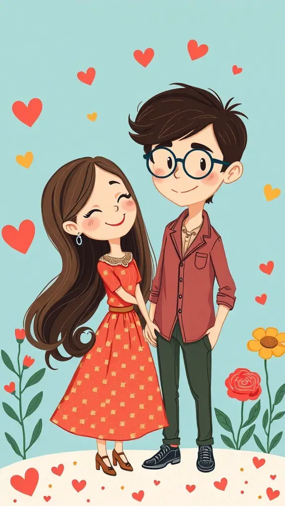 A colorful illustration of a couple with hearts and flowers around them.