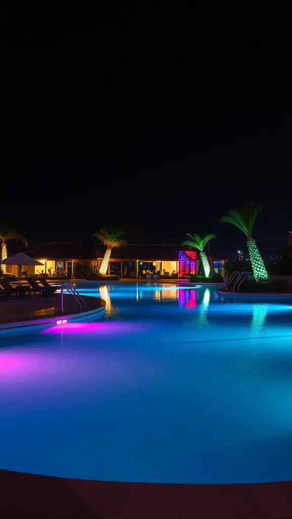 29+ Stunning Resort Pool Designs to Inspire Your Backyard Oasis 3 A beautifully lit resort pool at night with colorful lights and palm trees.