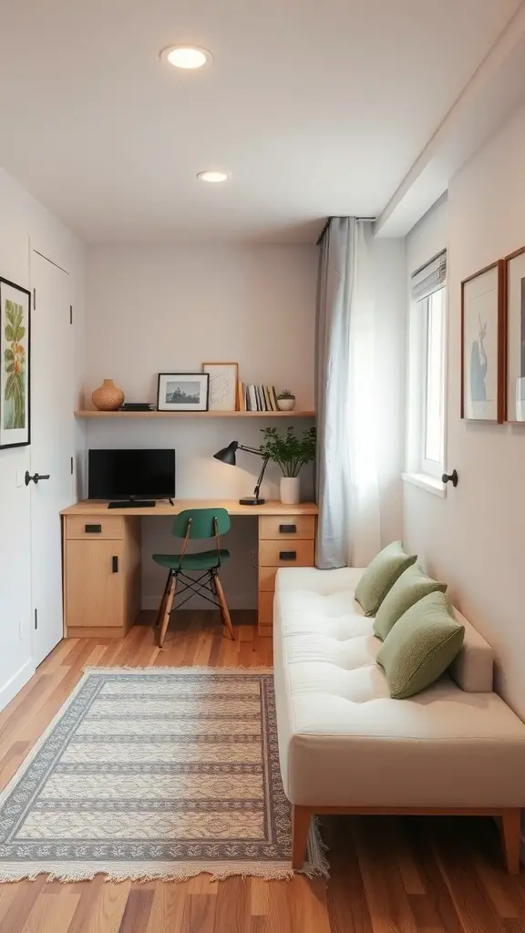 25+ Creative Tiny Guest Bedroom Ideas for a Cozy Space 8 A small guest bedroom featuring a sofa, desk, and decorative elements.