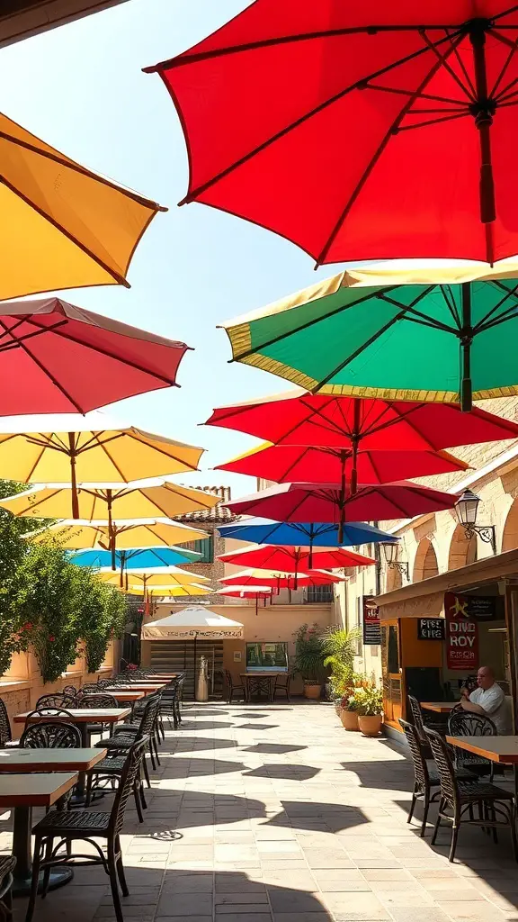 29+ Stunning Tuscan Patio Ideas for Your Outdoor Oasis 14 Colorful umbrellas shading a patio with tables and chairs