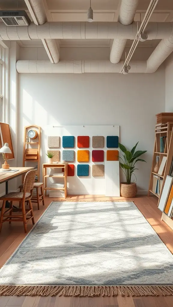 23+ Stunning Rug Design Ideas to Transform Your Space 15 A bright room featuring a large rug and colorful fabric samples on the wall, showcasing customizable rug options.