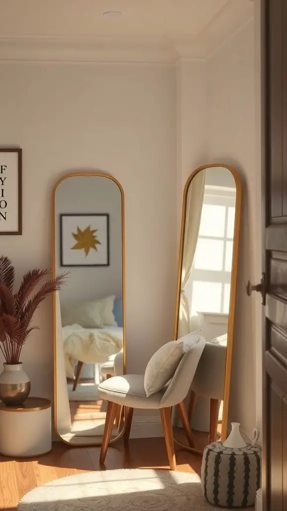 29+ Budget-Friendly Small Room Ideas to Maximize Space 2 A cozy room featuring two tall mirrors, a chair, and decorative plants.