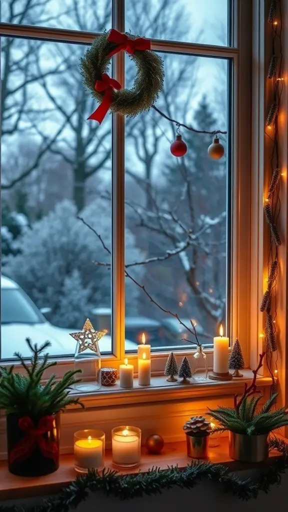 A beautifully decorated windowsill for Christmas with a wreath, candles, and small trees.