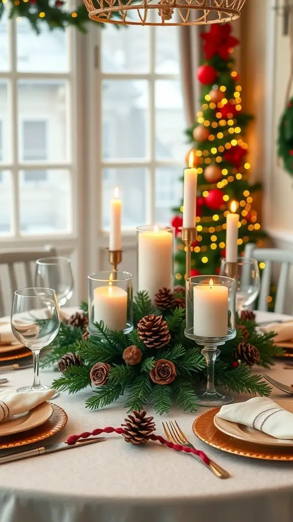 A beautifully decorated table centerpiece with candles, pinecones, and greenery, set for a festive holiday meal.
