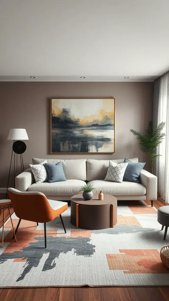 29+ Stunning Abstract Rugs to Elevate Your Living Room Decor 11 A stylish living room featuring an abstract rug, a modern sofa, and artwork on the wall.