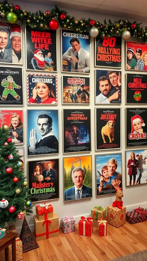 A wall filled with classic Christmas movie posters, decorated with a Christmas tree and gifts.