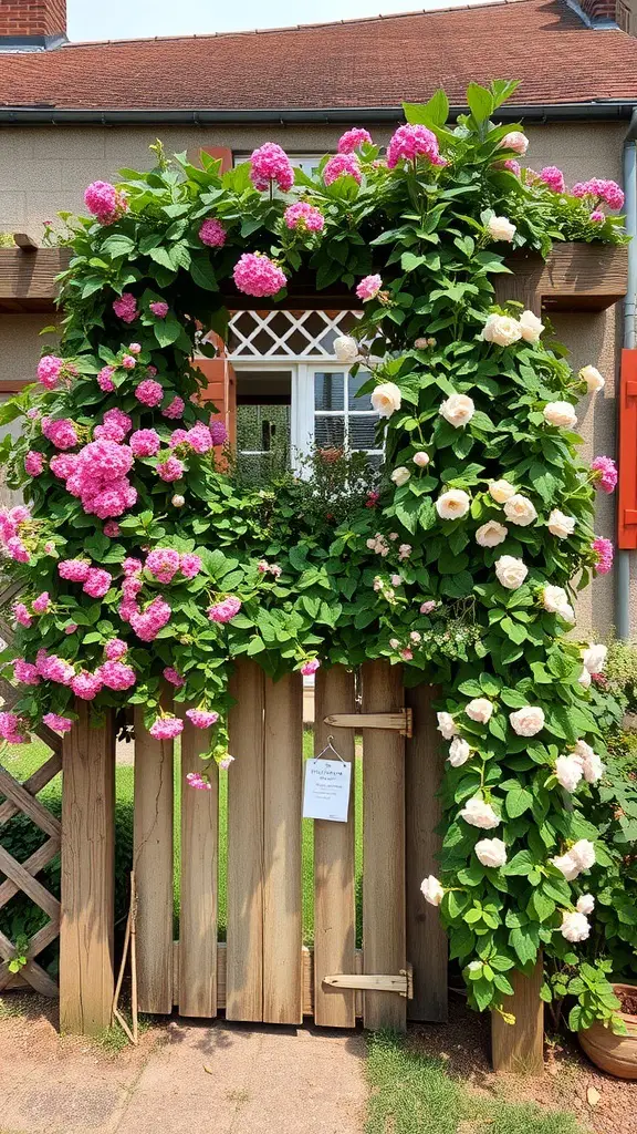 A rustic wooden trellis covered with pink and white climbing flowers, leading to a wooden gate.