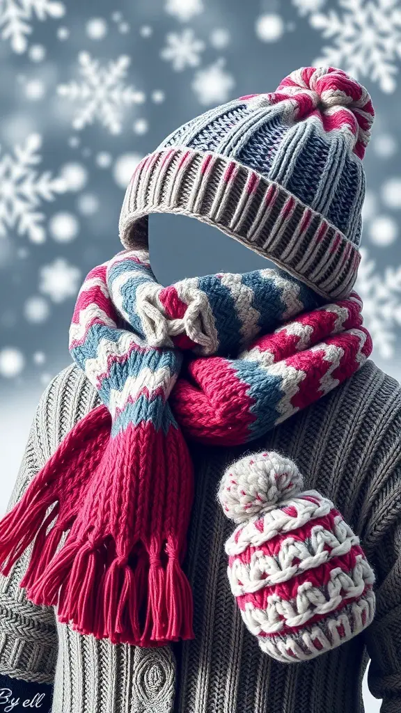 23 Affordable DIY Christmas Gifts for Everyone on Your List 8 A vibrant knitted scarf and beanie set in pink, blue, and white, displayed against a snowy background.