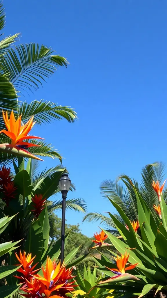 Vibrant tropical garden with orange flowers and palm trees under a clear blue sky.