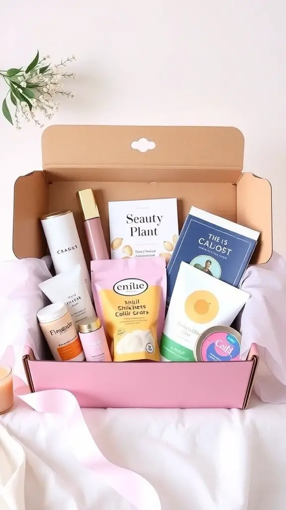 25+ Thoughtful Anniversary Gifts for Her 8 A subscription box filled with various beauty and wellness products, snacks, and a book, arranged neatly with a pink ribbon.