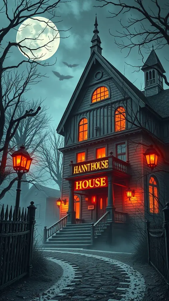 A spooky haunted house with glowing windows and a full moon in the background.