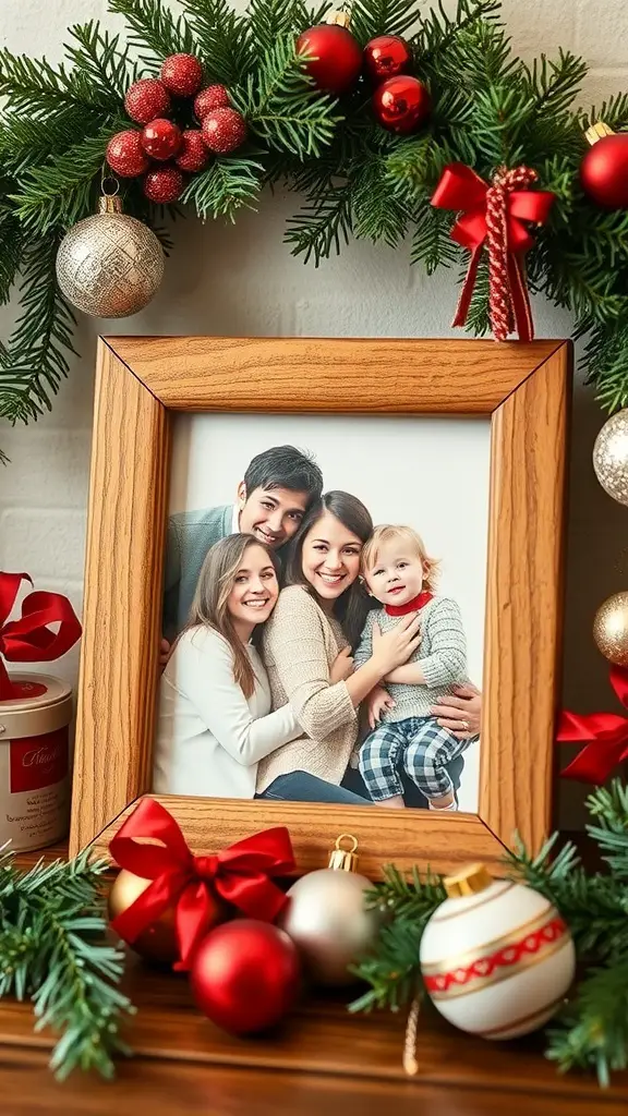 23 Affordable DIY Christmas Gifts for Everyone on Your List 4 A personalized photo frame decorated for Christmas with family photos and festive ornaments.