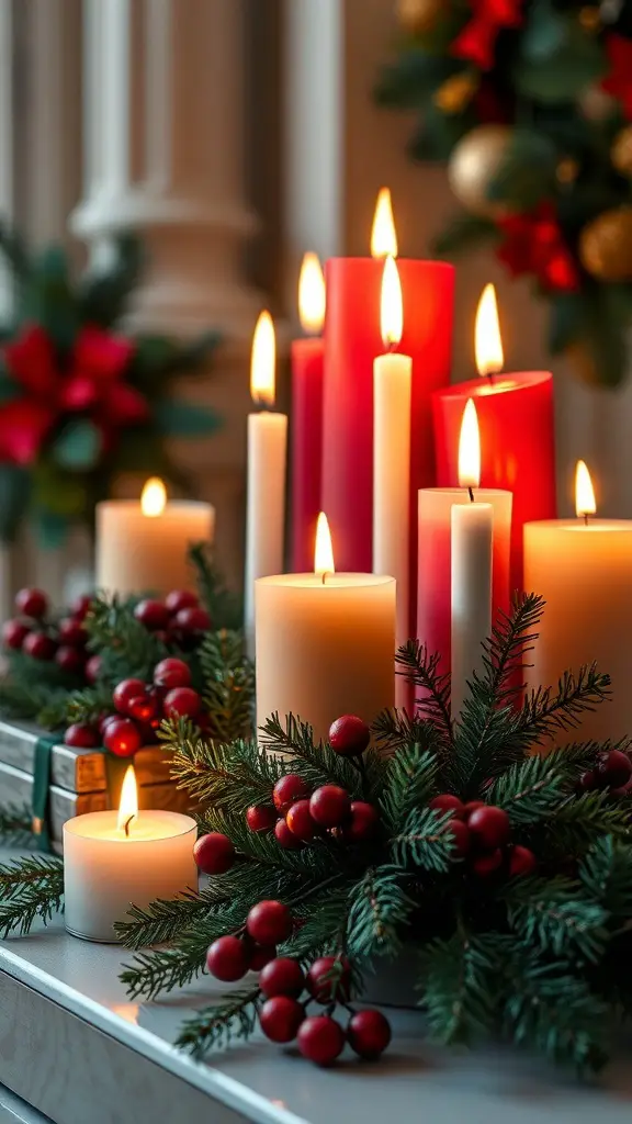 A festive arrangement of candles in red and white, surrounded by greenery and red berries, creating a cozy holiday atmosphere.