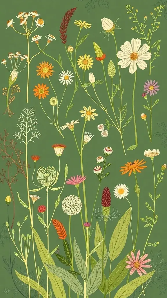 33+ Fascinating Wild Plants You Can Discover Today 2 Illustration of various wild plants with flowers and a bird