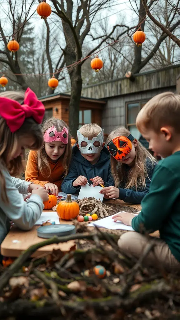 Children engaged in Halloween crafts with pumpkins and colorful masks
