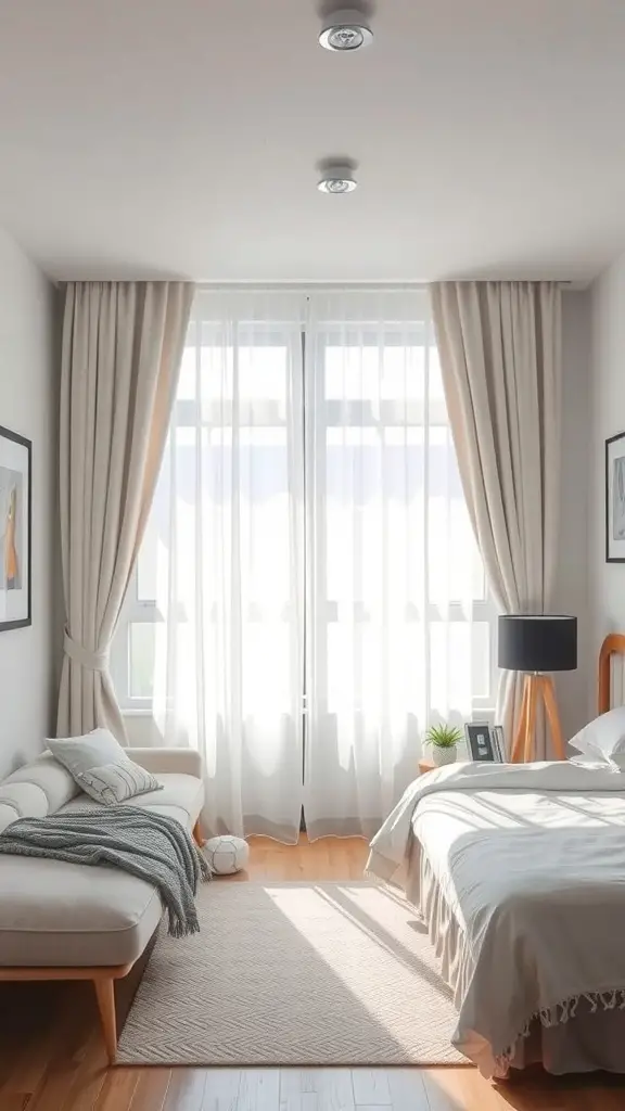 A small bedroom with light curtains framing a window, a cozy bed, and a seating area.