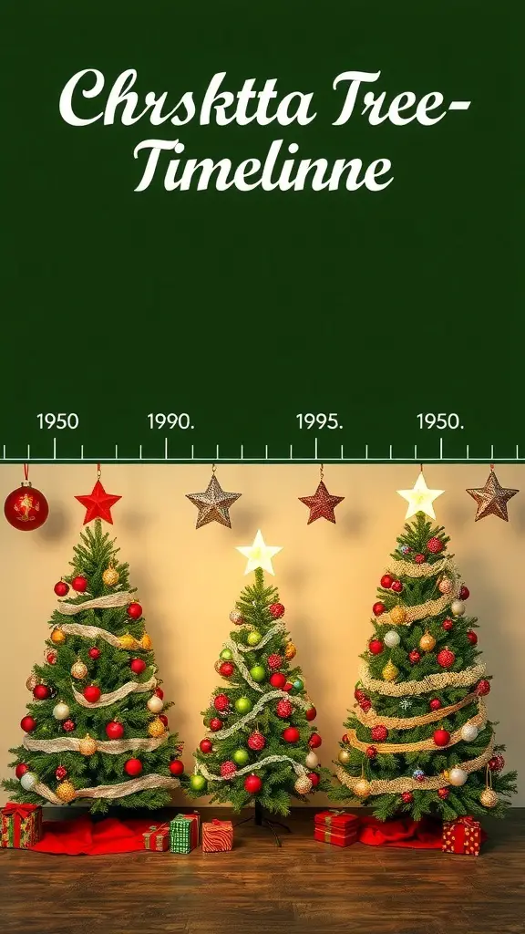 A visual timeline of Christmas trees from the 1950s to the 1990s and modern styles.