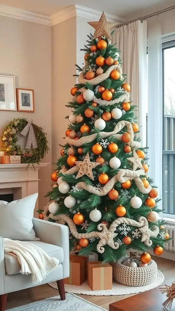 A beautifully decorated Christmas tree with warm copper and cream ornaments, surrounded by cozy holiday decor.
