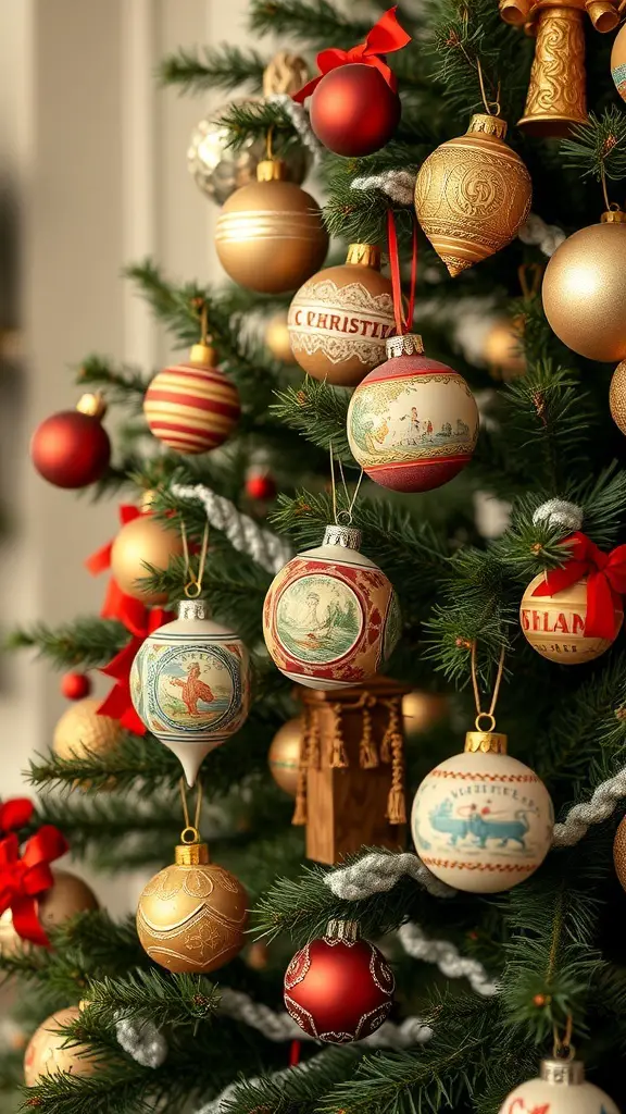 A beautifully decorated Christmas tree featuring vintage ornaments in various colors and designs.