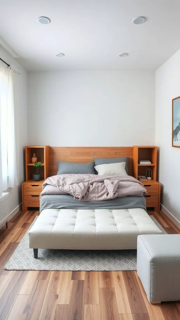 29+ Extra Small Bedroom Ideas to Maximize Space and Style 8 A cozy small bedroom featuring multi-functional furniture, including a bed with storage, a bench, and a stylish rug.