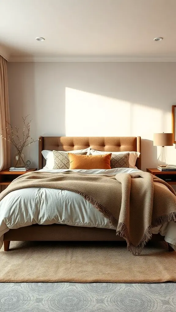 A cozy small master bedroom featuring a king bed with layered textures, including a throw blanket and decorative pillows.