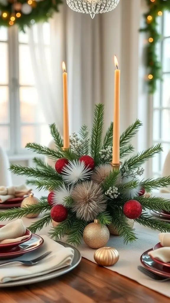 A winter centerpiece featuring faux fur, pine branches, red and gold ornaments, and two lit candles.