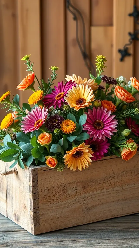 A rustic wooden box filled with colorful flowers, showcasing a warm and inviting centerpiece for a Christmas wedding.