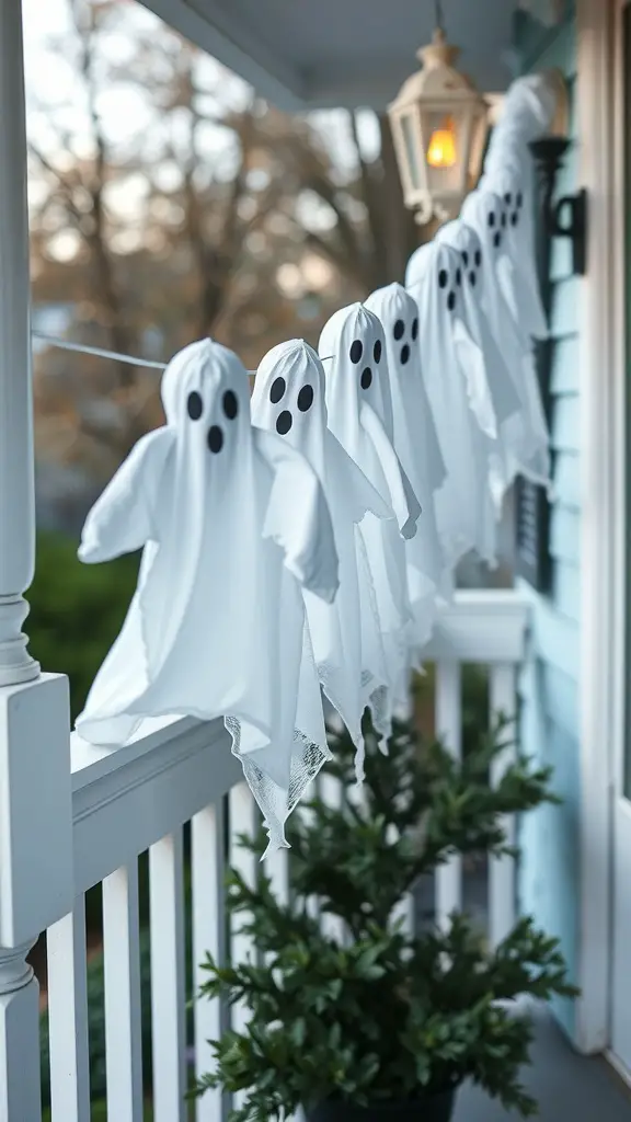 A row of white ghost decorations with black eyes hanging on a porch railing.