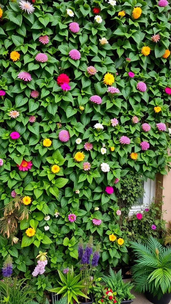 31+ Wild Garden Ideas to Transform Your Outdoor Space 2 A vibrant vertical garden filled with colorful flowers and greenery.