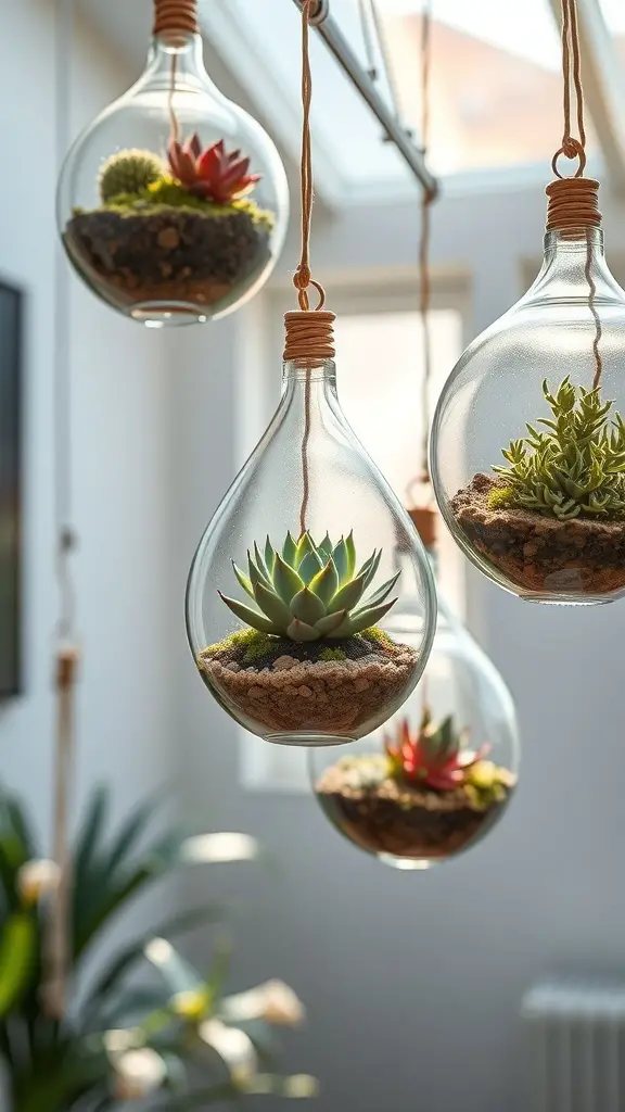 Hanging glass terrariums with succulents, showcasing a mix of plants and decorative elements.