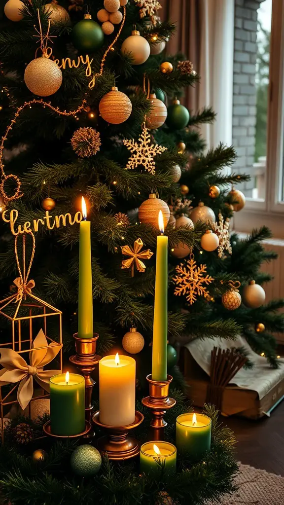 A beautifully decorated Christmas tree with green and gold candles glowing warmly in front.
