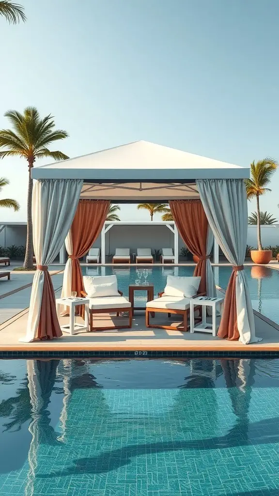 29+ Stunning Resort Pool Designs to Inspire Your Backyard Oasis 8 A serene poolside cabana with comfortable seating and curtains, surrounded by palm trees.