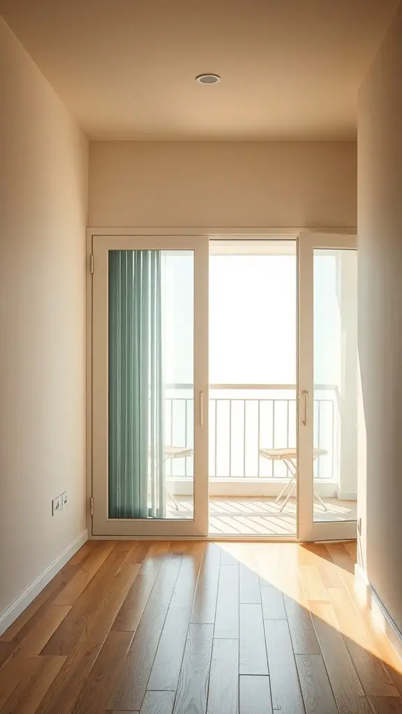 29+ Small Room Makeover Ideas to Maximize Space and Style 15 A small room with sliding doors leading to a balcony, showcasing natural light and wooden flooring.