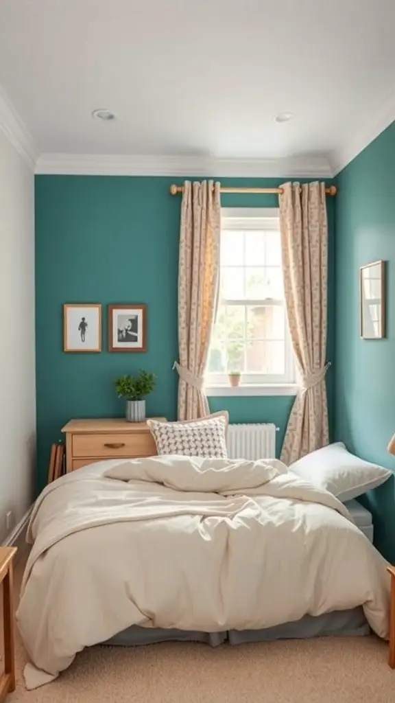 Small bedroom with a teal accent wall, framed pictures, and soft bedding.