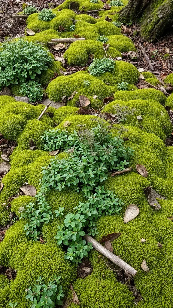A lush green carpet of moss and low-growing plants in a woodland garden.