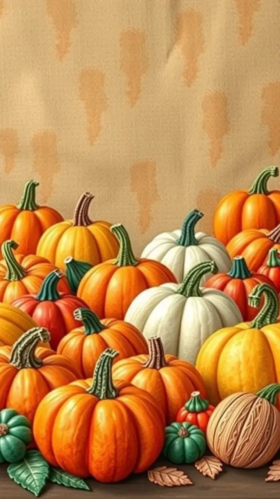 33+ Stunning Fall Embroidery Ideas to Try This Season 8 A variety of pumpkins in different colors and sizes, set against a soft background.