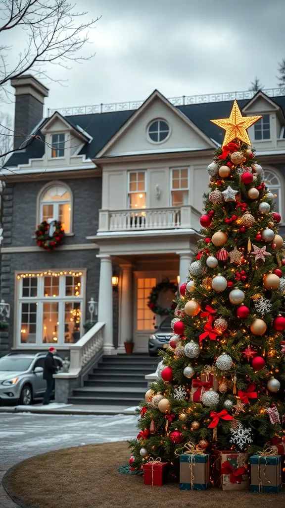 Outdoor Christmas tree display in front of a grand mansion, decorated with ornaments and lights.