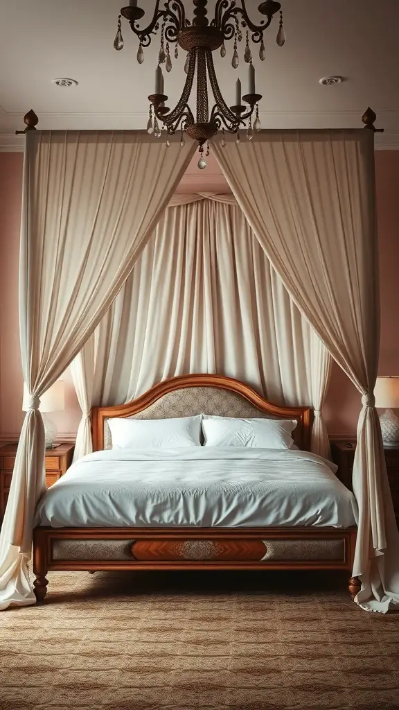 A king bed with romantic canopy draping and a chandelier above.