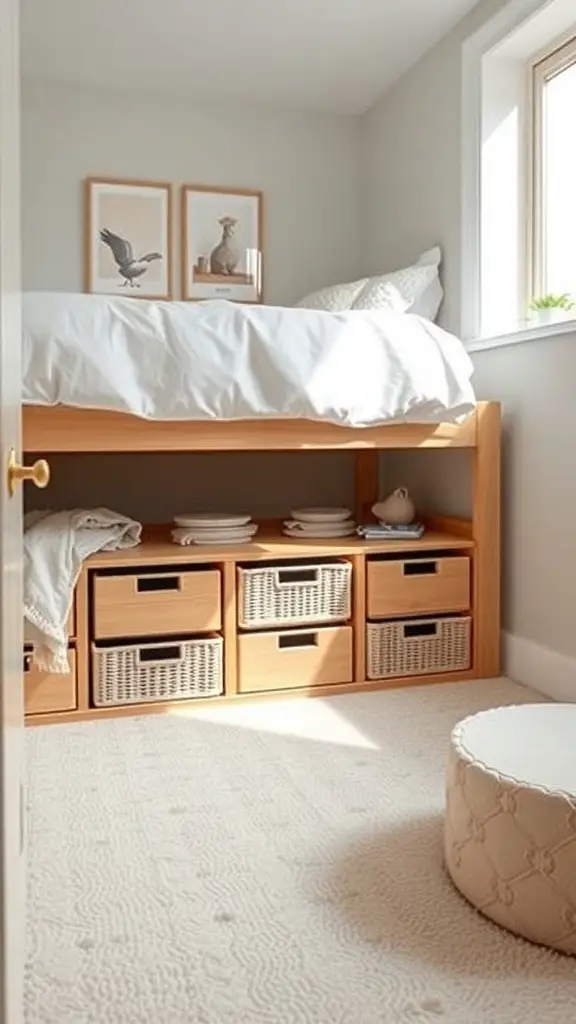 25+ Adorable Small Bedroom Ideas for a Cozy Retreat 3 A cozy small bedroom with a raised bed and under-bed storage boxes.
