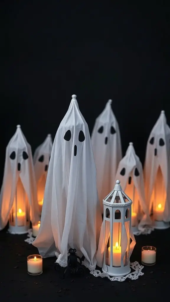 A display of spooky ghost lanterns made from white fabric, with candles glowing in the background.