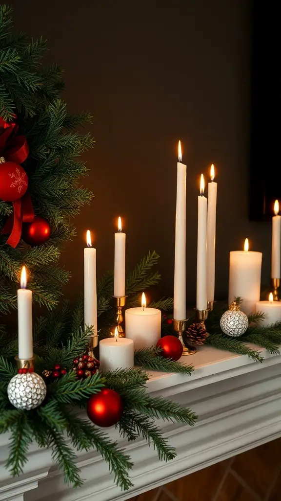 A sophisticated candle display with white candles, ornaments, and greenery on a mantel.