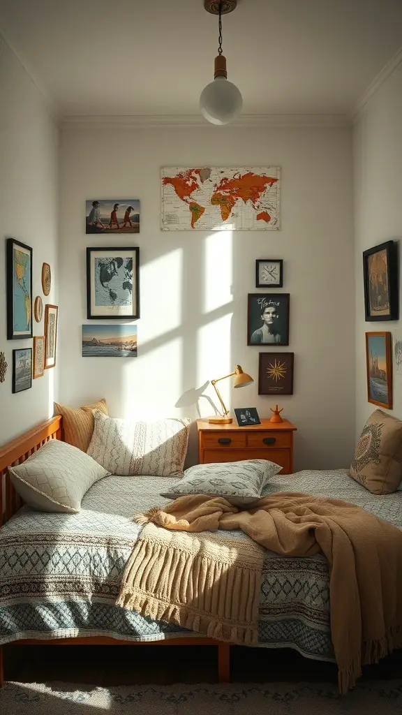 35+ Stunning Small Bedroom Interior Ideas for Cozy Spaces 12 A cozy small bedroom with a wooden bed, decorative pillows, a world map on the wall, and various framed pictures.