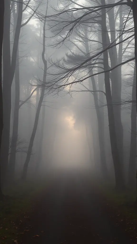 A foggy woodland path with tall trees and a soft light filtering through the mist.