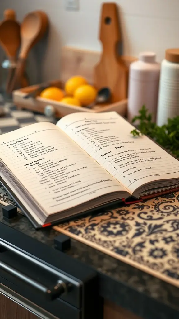 25+ Thoughtful Anniversary Gifts for Her 15 An open personalized recipe book on a kitchen counter with lemons and kitchen tools in the background.