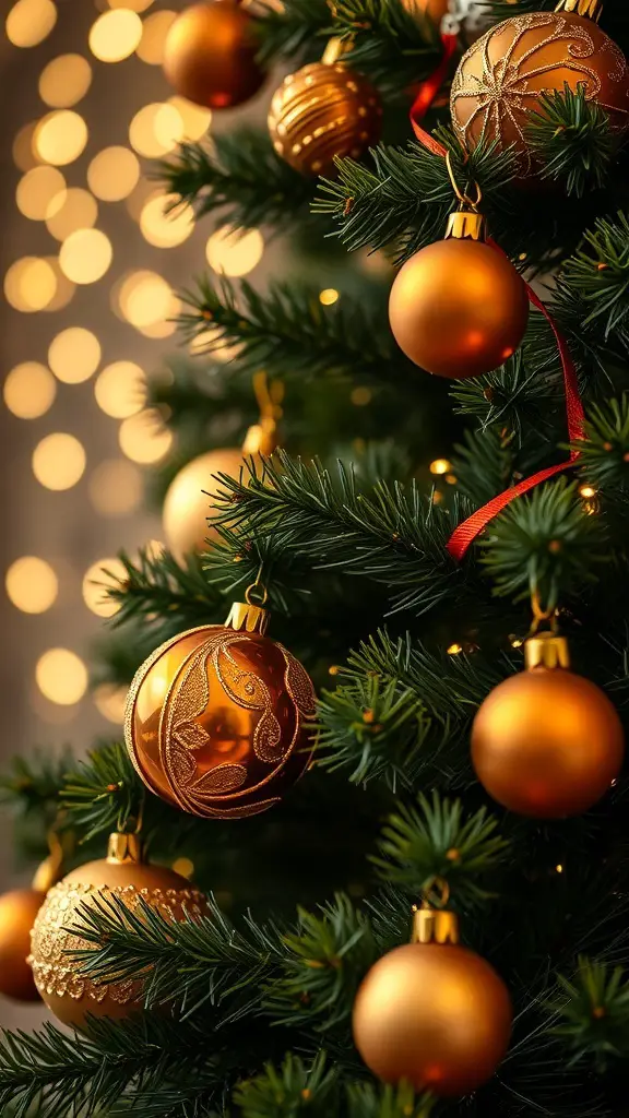 Close-up of brown and gold ornaments on a Christmas tree